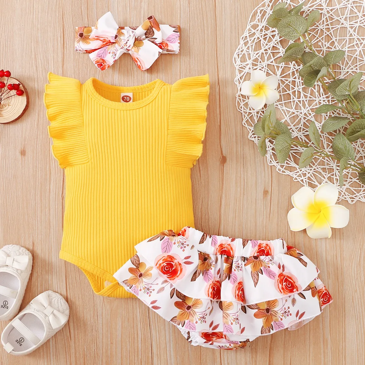 Baby Clothing Set discount hibobi Baby Girl Clothes Set Flower Print Girls Ruffle-sleeve Romper Summer Bodysuit Floral Pattern Shorts Headband Set 3Pcs small baby clothing set	