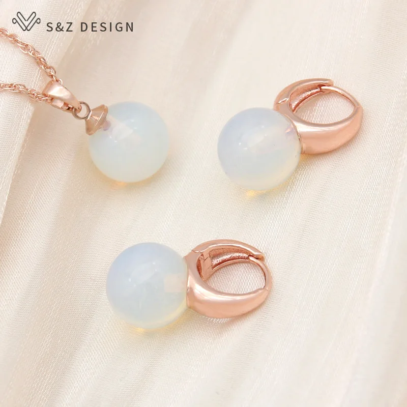 S&Z DESIGN New 585 Rose Gold Color Round Synthetic Turquoises Drop Earrings Jewelry Sets For Women Wedding Pendant Necklace