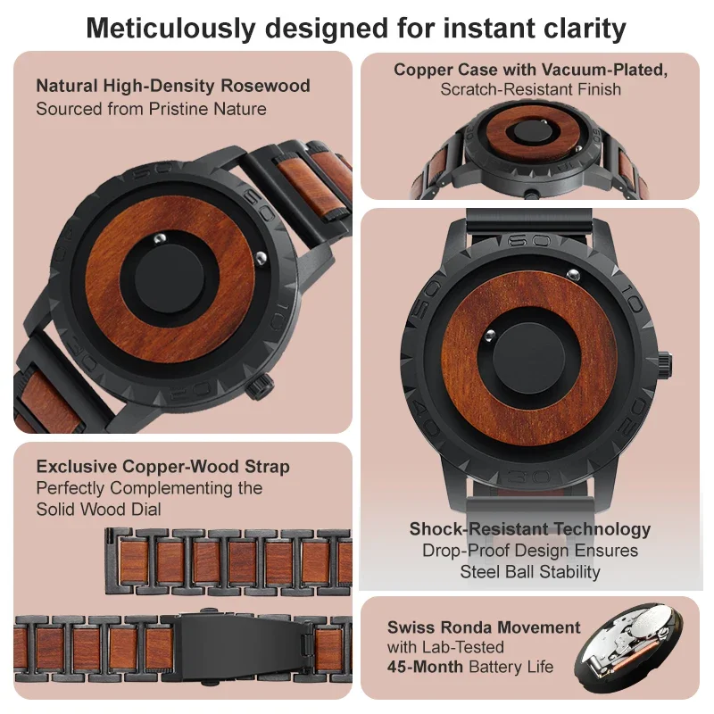 EUTOUR-Men's Solid Wood Magnetic Watch Luxury Sports Quartz Waterproof Watch Original Fashion Business Casual Watch 5