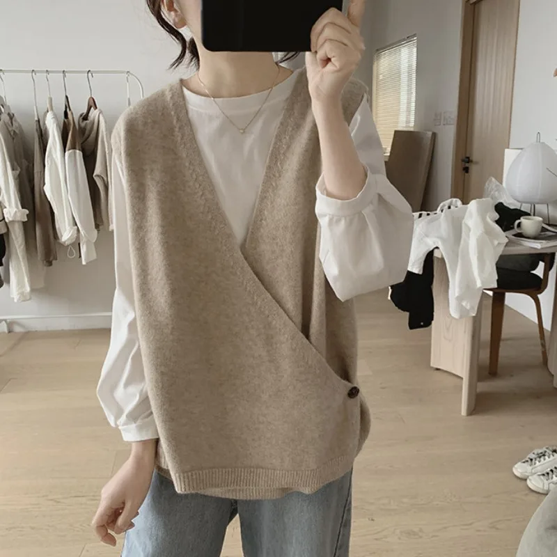 

Irregular Knitted Vest Women Loose Simple V-neck Sleeveless Tank Tops Korean Vest Sweater Fashion Casual Pullover 2023 New Coat