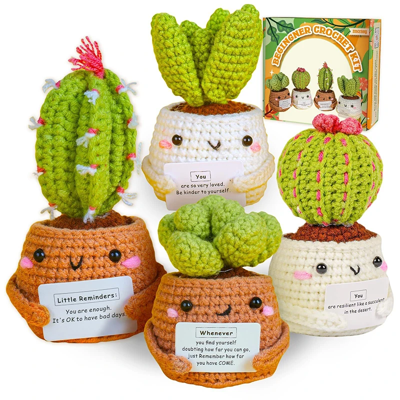 4Pcs Crochet Beginner Kit Cute Cactus Knitting Positive Energy Doll Cactus Potted Plant Knitted Crochet Material Desktop Decor