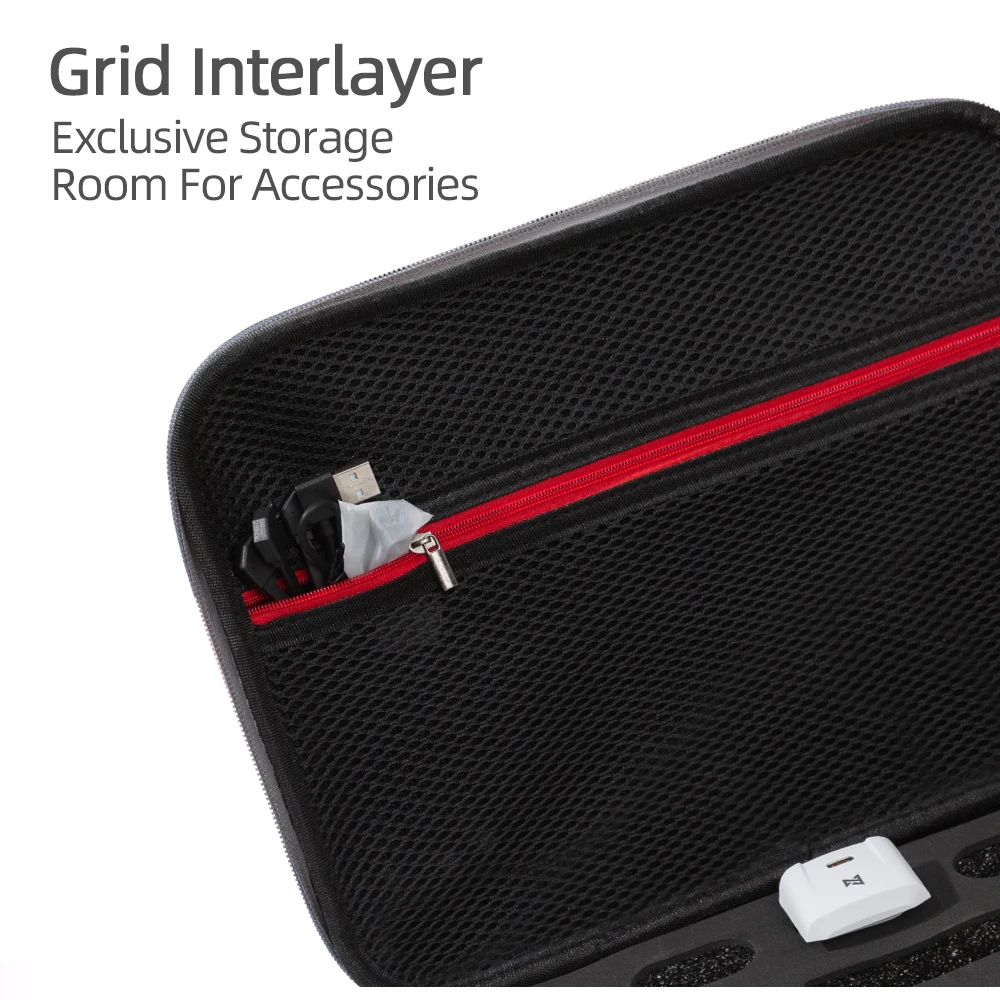 Vue détaillée du compartiment principal du sac de transport pour DJI Mini 5 Pro, mousse découpée pour protéger le drone et les accessoires.