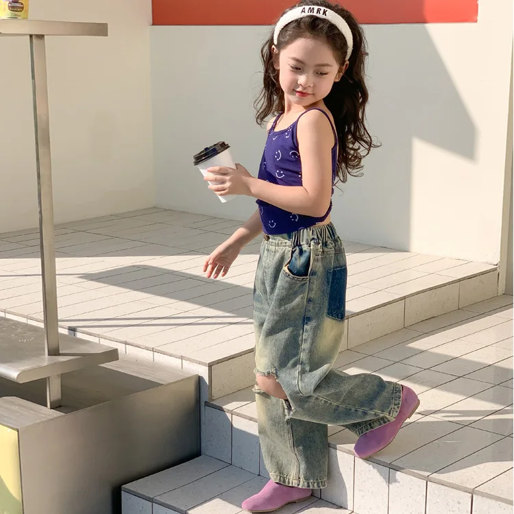 

Children's Clothing 2023 Summer New Girls' Ripped Jeans Children Baby Boy and Baby Girl Wide Leg Pants