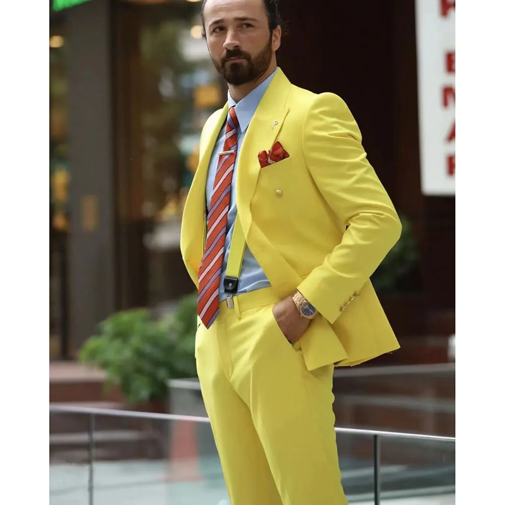 

2023 New Yellow Peaked Lapel Suits for Men Business Casual Formal Costume Homme Double Breasted Slim Fit 2 Pcs Set Jacket Pants