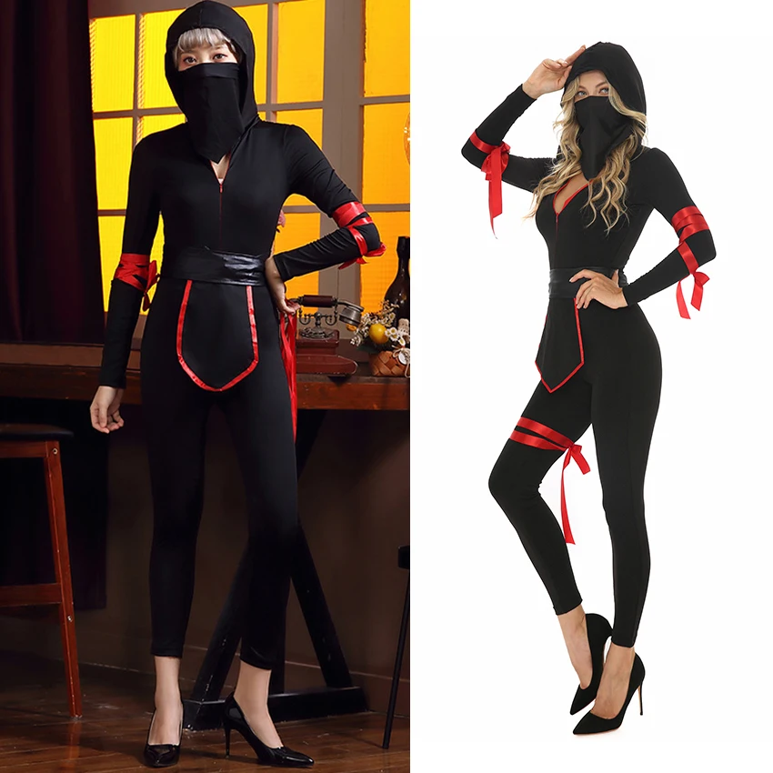 

Black Ninja Samurai Cosplay Anime Sexy Jumpsuit Halloween Costume for Women Disguise Adult Warrior Catsuit Party Festival Dress