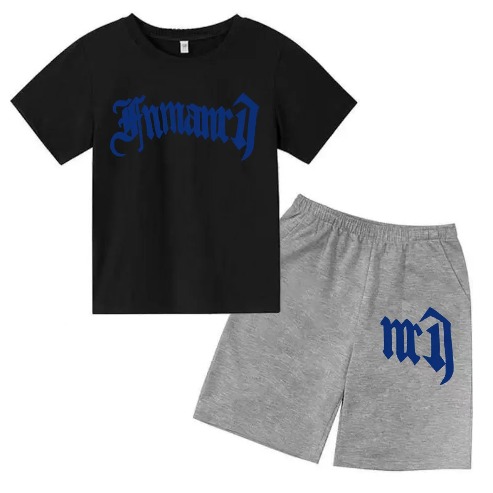 thumbnail image 1 of Ropa para niños con estampado de marca gótica, conjunto de camiseta y pantalones cortos de verano para adolescentes, 2 piezas, manga corta, moda informal para niños y niñas, 1 of 5