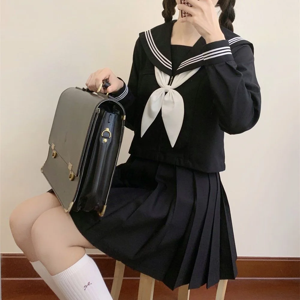 Japanese School Uniforms Style Student Girls Navy Costume Women Sexy Black JK Long Dress Suit Sailor Blouse Pleated Skirt Set japanese school uniform japanese schoolgirl skirt japanese women dress
