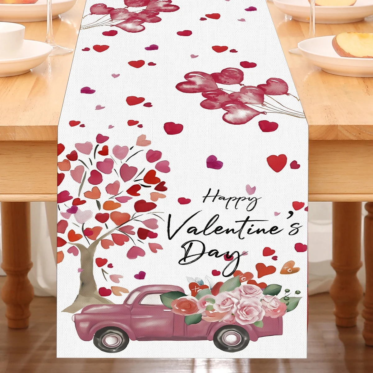 Pink Valentines Day Linen Table Runner 1