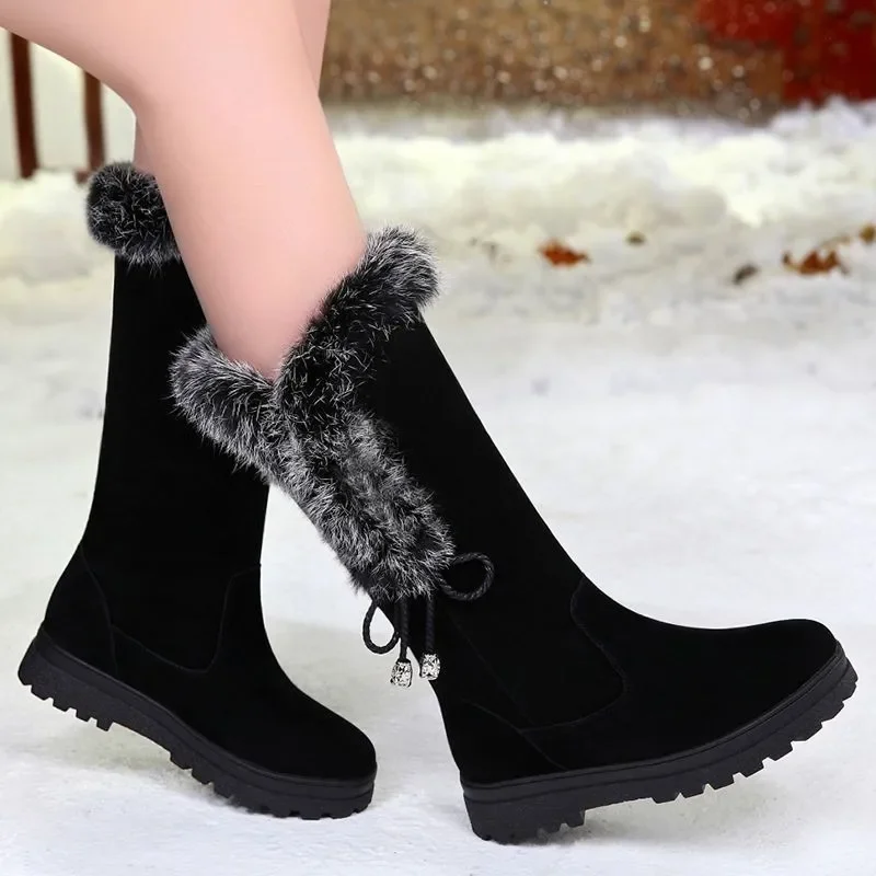 

Shoes for Women 2023 Hot Sale Slip on Women's Boots Winter Round Toe Solid Flock Plush Warm Comfortable Platform Western Boots