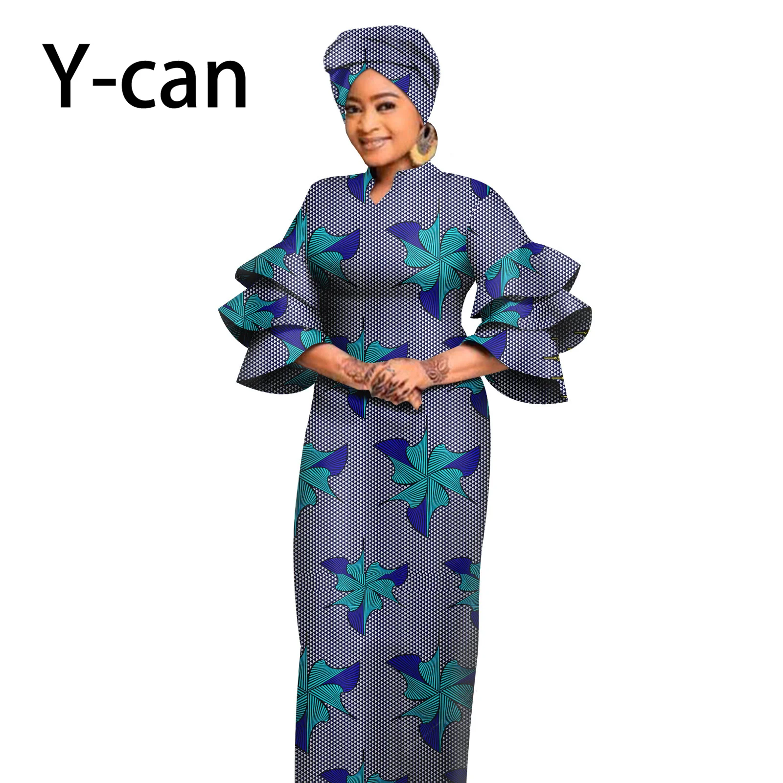 Summer African Chic Dresses for Women Dashiki Ankara Print Slim Ruffles Maxi with Headwrap Bazin Riche Elegant Evening Y2325069 khaki african maternity dress robes for photo shoot or baby shower ruffle tulle chic women prom gowns ruffles photography robe