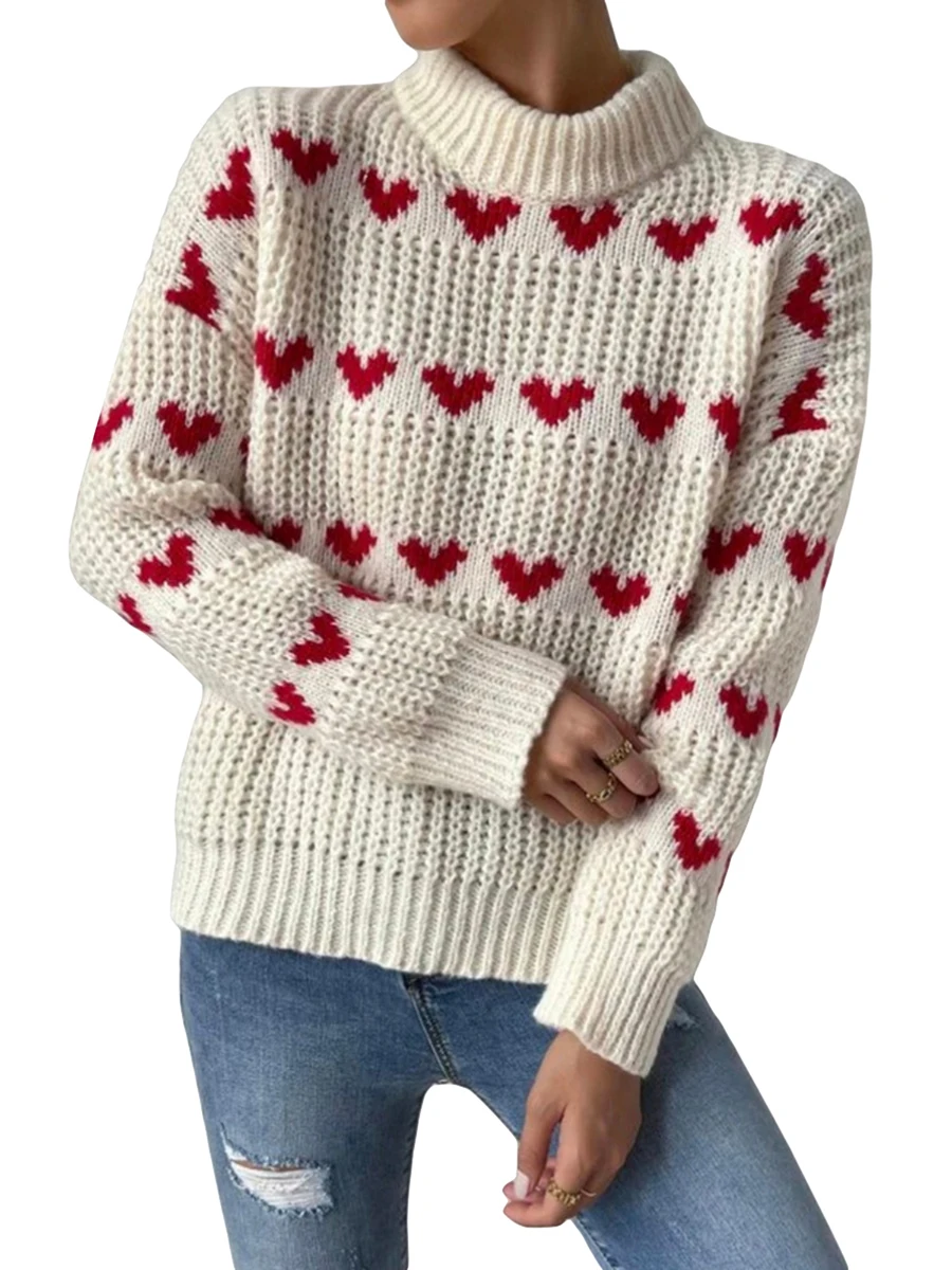 

Women Jacquard Long Sleeve Loose Knit Sweater Spring Fall Heart Patchwork Pullovers Mock Neck Jumpers