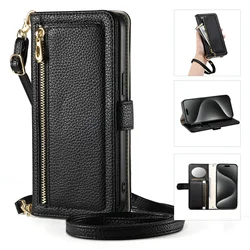 Sleek Zipper Wallet Crossbody Case with Mirror and Card Holder in PU Leather - iPhone 15 Plus (Black)