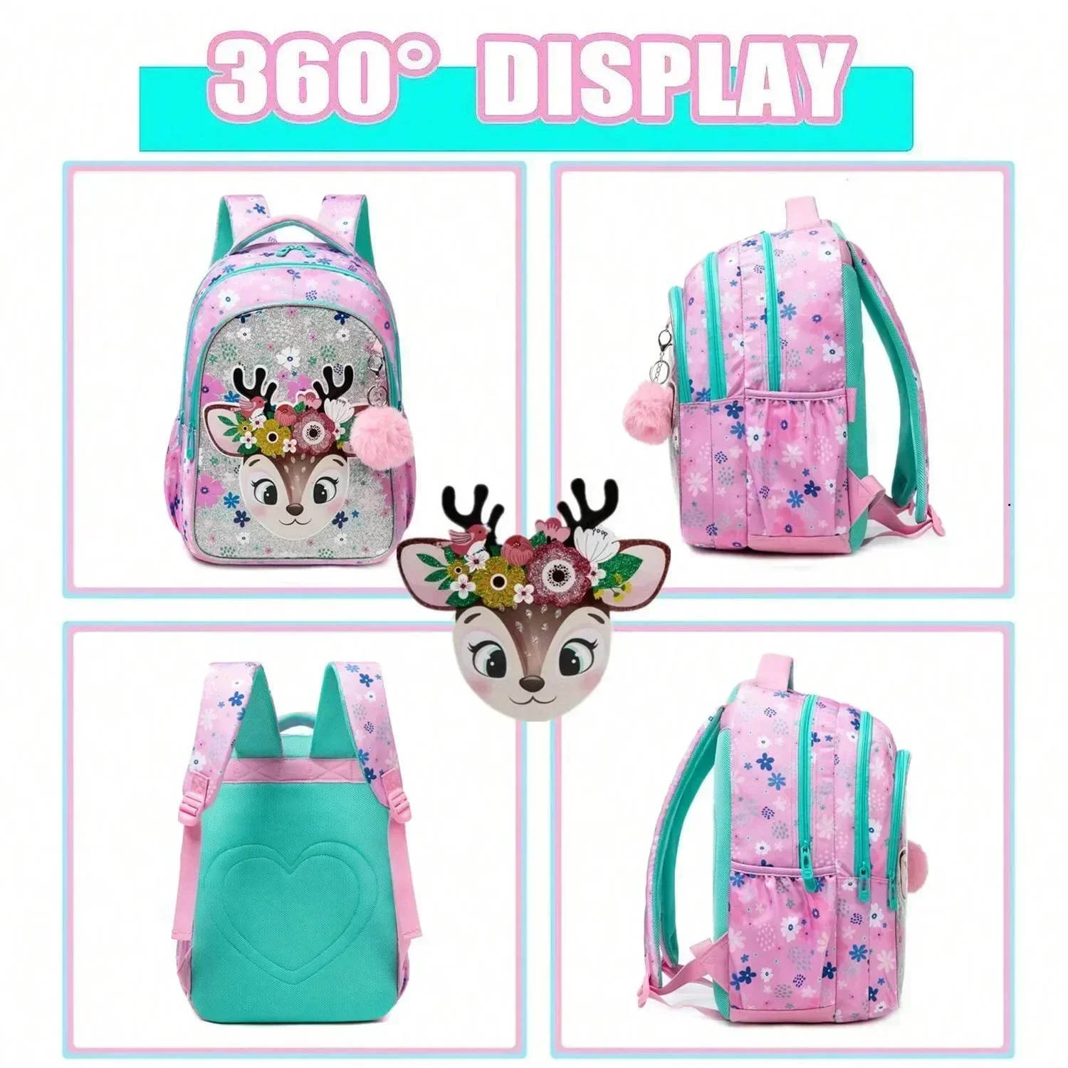 3PCS Cute School Bags for Girls Kids Backpack Set with Lunch Box Pencil Case Back To School Bookbag for Elementary Students 5