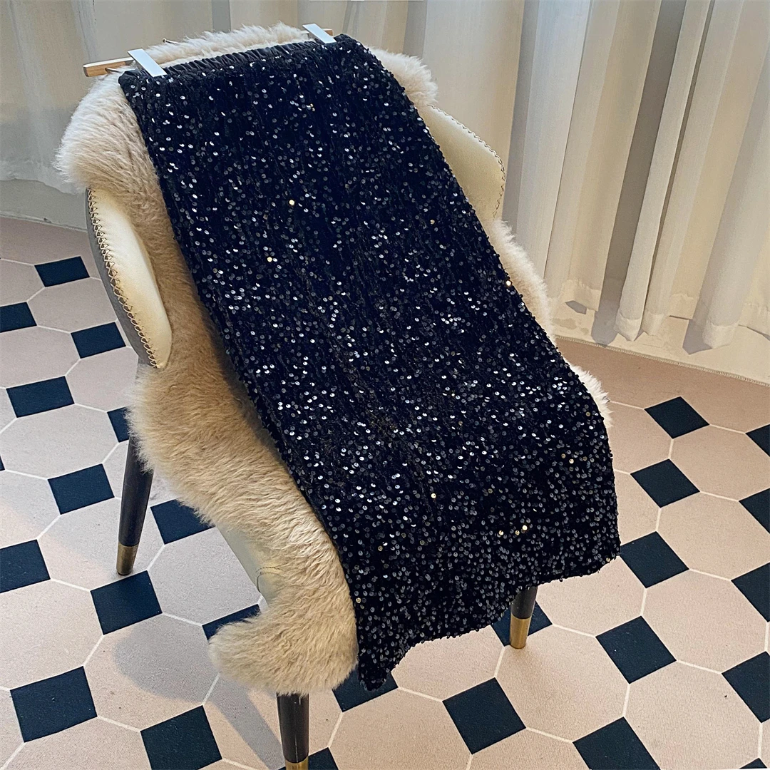 iny Velvet Sequin f Skirt Elastic Waist Slim Straight Long Skirt Aosphere New Sle High Waist Pure Color Other Materials