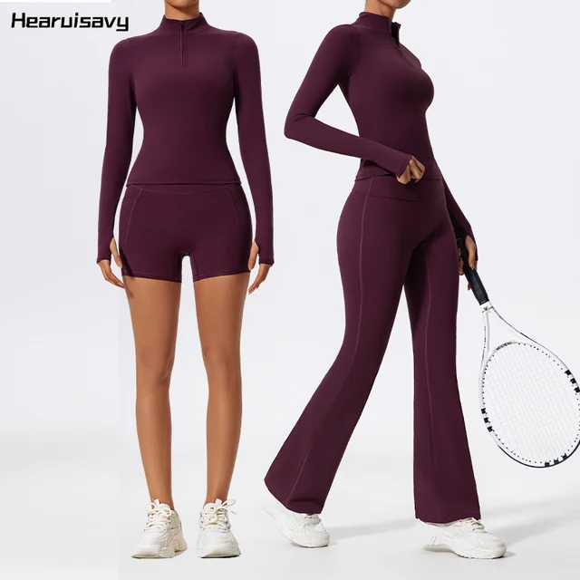Hearuisavy نصف سستة ملابس اليوغا في الهواء الطلق تجريب الملابس عارضة الصالة الرياضية مجموعة النساء متوهج السراويل 2 قطعة الرياضة طويلة الأكمام قميص البدلة 1