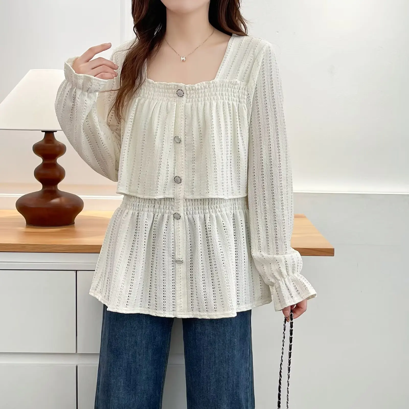 Plus Size Women's Blouses Autumn New Fashionable Square Collar Hollow Out Long Sleeved Shirt 2515