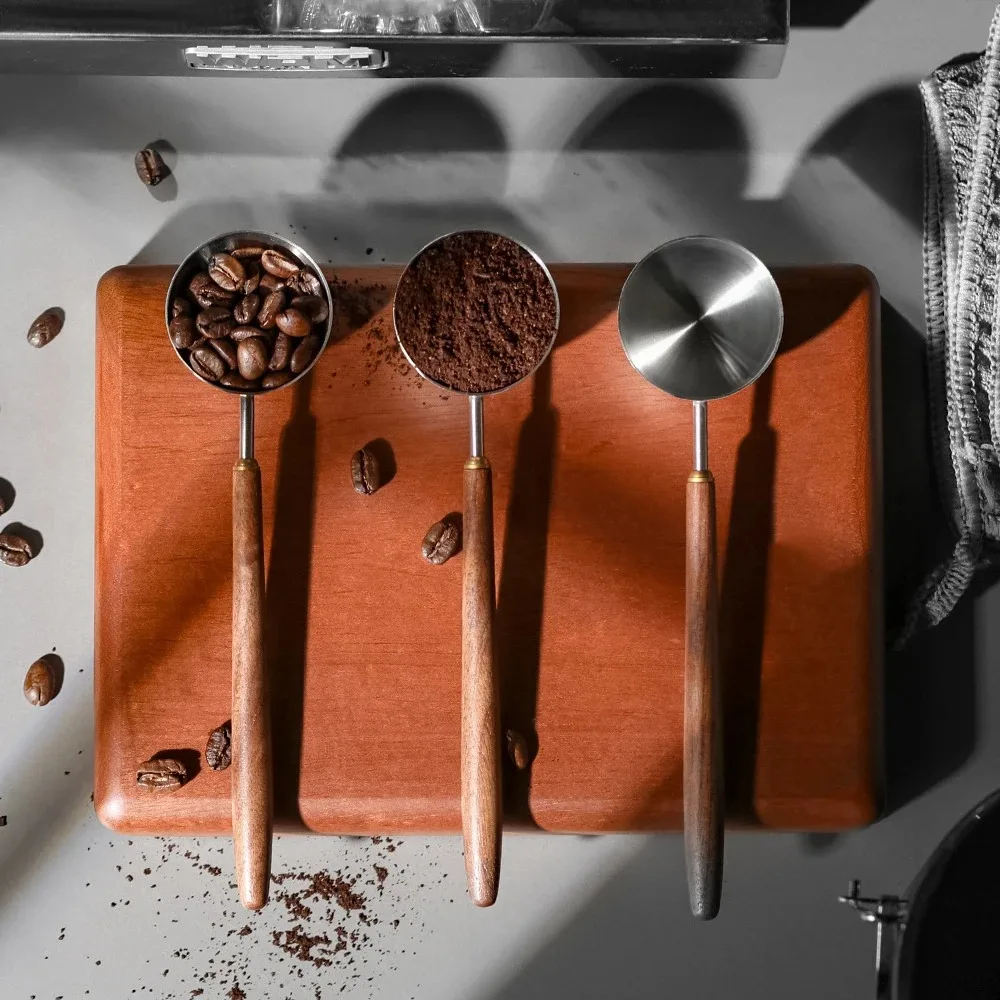 

304 Stainless Steel Walnut Handle Coffee Bean and Ground Coffee Scoop Long Handle 3/8/23ML Cafe Powder Measuring Scoop