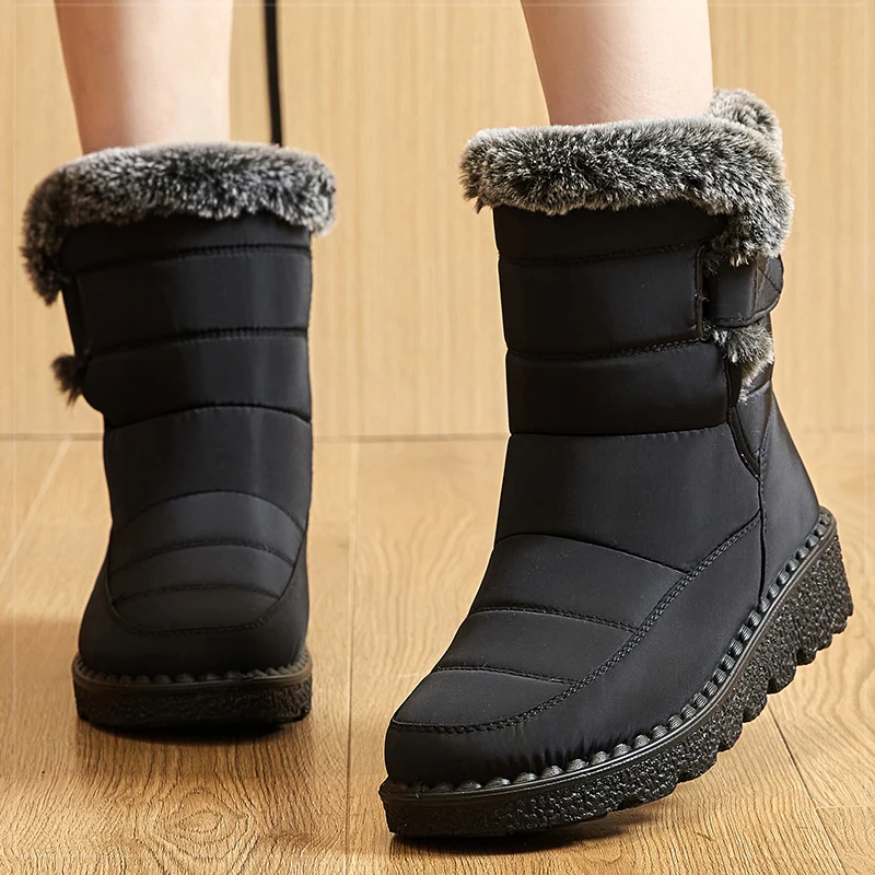 Boots Waterproof Fur Boots For Snow Women's Winter Shoes Low Heels Women Middle Boots Winter Footwear Warm Combat Shoes Woman