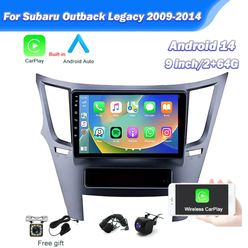 9inch Android 14 Car Stereo Radio GPS Navigation 2+64G for Subaru Outback Legacy 2009-2014 Carplay Android Auto Bluetooth Player