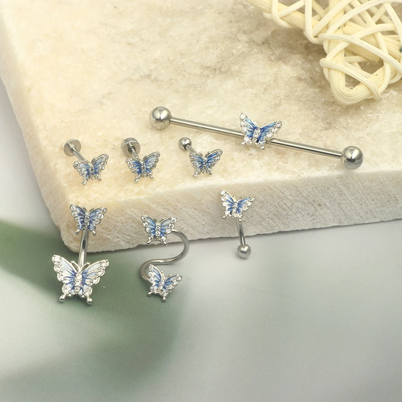 Wholesales Butterfly Navel Belly Button Rings Nose Piercing Industrial Barbell Eyebrow Cartialge Stud Twist Lip piercing Earring