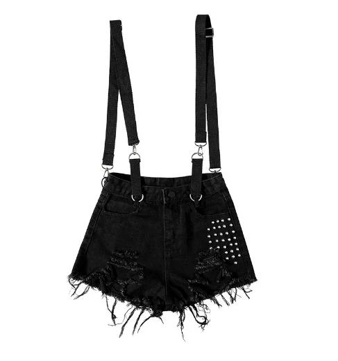 Summer Women Beading Shoulder  Strap Rivet Raw Fringe Denim Shorts Hole Skinny Sexy Female Hole  Black Beggars Jeans Short Jb89 white shorts