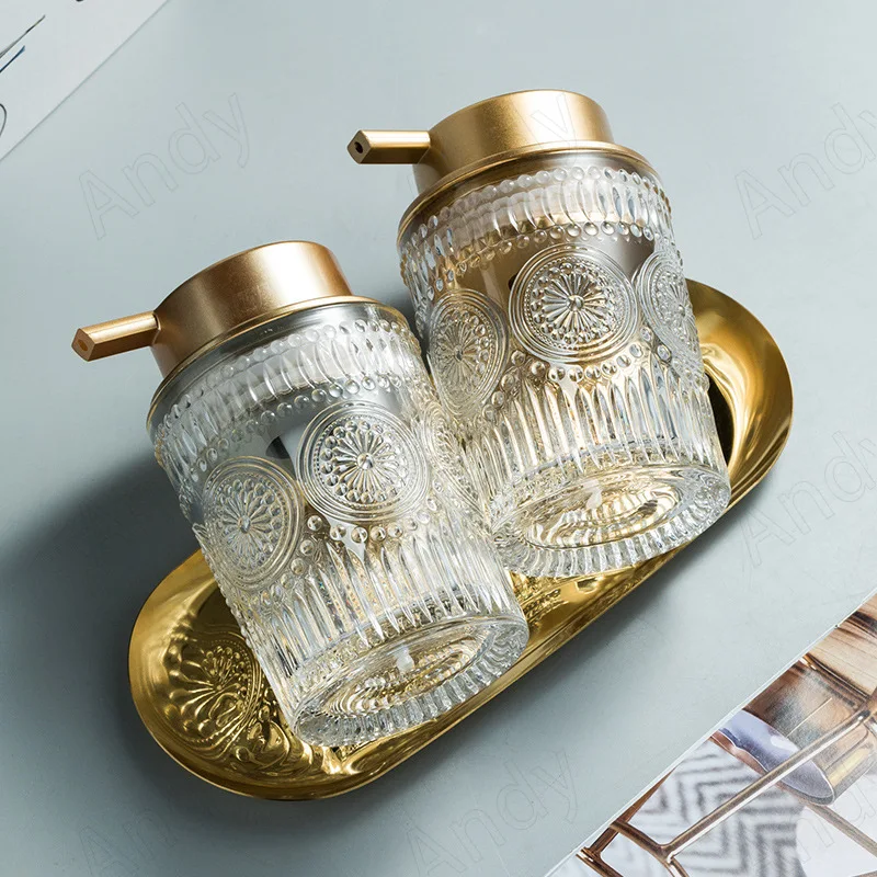 European Glass Soap Bottle Golden Stroke Decorative Desktop Shampoo Press Bottle Set Modern Relief Home Bathroom Accessories soap dispenser,shampoo dispenser
