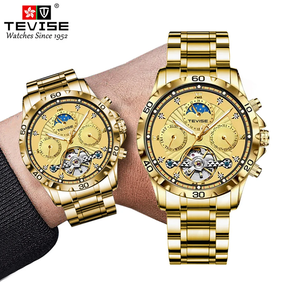 

TEVISE Calendar Automatic Watch Men Tourbillon Mechanical Fashion Mens Wristwatch Man Moon Phase Waterproof Luminous Male Clock