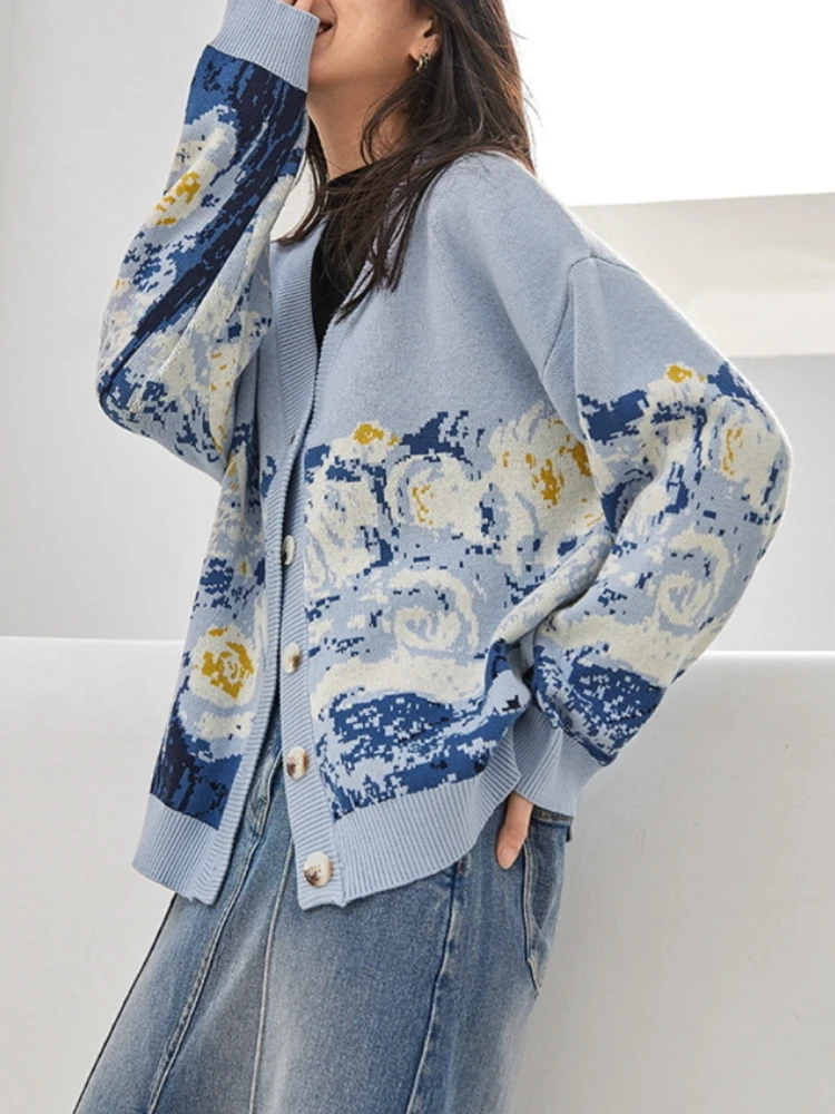 

Blue Knitted Cardigan Casual Fashion Printing Women's Sweater Loose V-neck Autumn/Winter Long Sleeve Cardigans 2023 for Women
