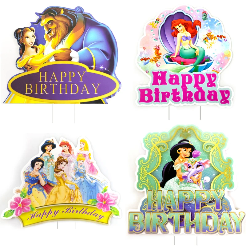 1pcs/lot Beauty Beast Jasmine Mermaid Princess Cake Card Girls Favors Baby Shower Happy Birthday Events Party Decora Supplies