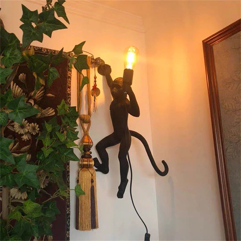 

LED Resin Monkey Lamps Nordic Black Hemp Rope Pendant Lights for Living Room Bedroom Study Hanging Light Fixtures Decor Lighting