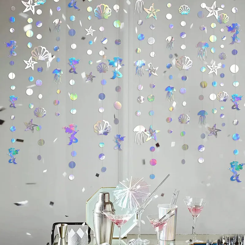 Birthday Banner Iridescent Mermaid Girl Mermaid Party Starfish Jellyfish Hanging Garland for Under The Sea Birthday Baby Shower DIY Decor