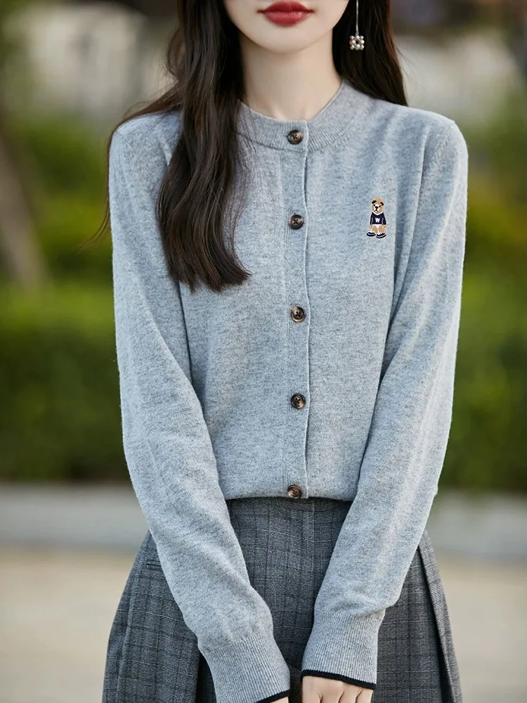 Ele Embroidered Bear Knitted Open Cardigan Women's Spring Autumn 2024 New Single Button round Ne Long Sve Sweater Ja...