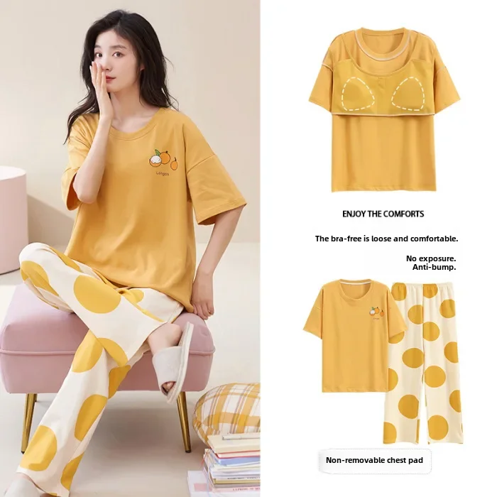 طقم بيجامة نسائي لربيع وخريف وسادة صدر وأكمام قصير...