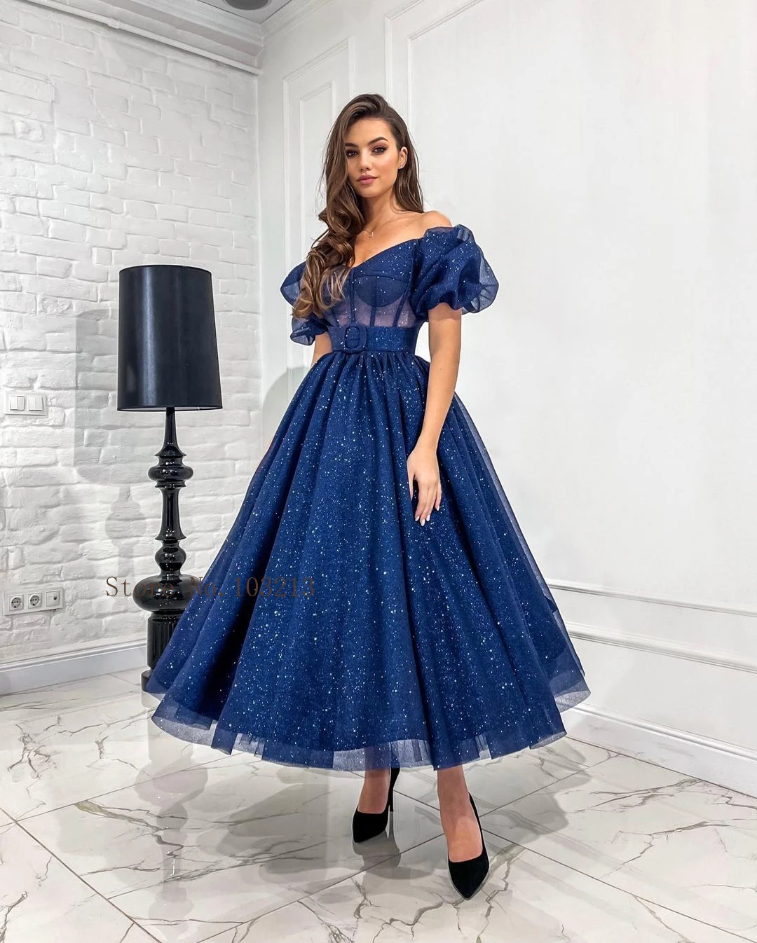 Elegant Royal Blue Off Shoulder Gliter Tulle Prom Dresses Short