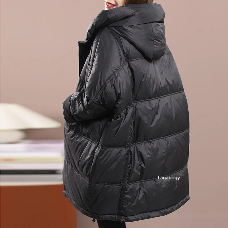 Lagabogy 2024 New Winter Women White Duck Down Loose Jacket With Hood Female Thick Warm Outwear Casual Over Size Patchwork Coats 4