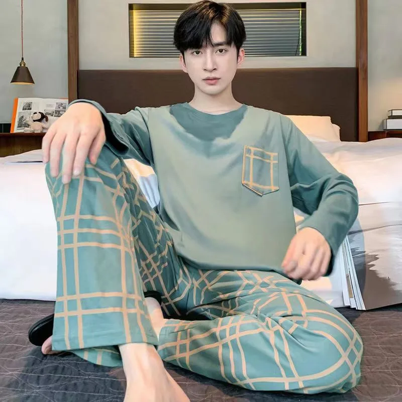 Pajamas Men Long Sleeves and Trousers Spring and Autumn Style Simple Breathable Nightwear Student Youth Loungewear Sleepwear pajama sets