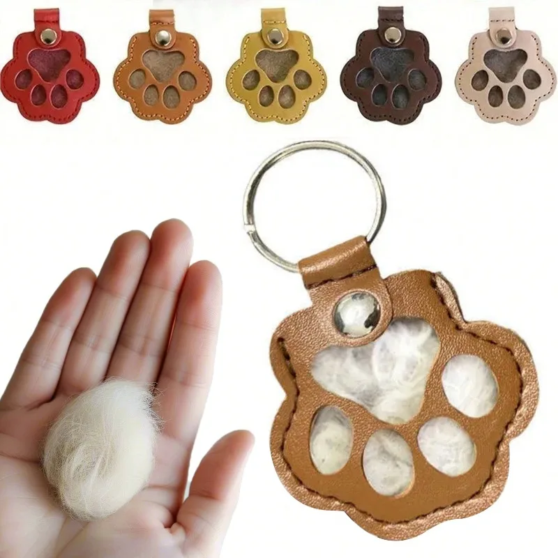 Genuine Leather Pet Memorial Keychain | Dog Cat Hair Storage Pendant, Unique Paw Charm for Pet Fur Keepsake Creativity