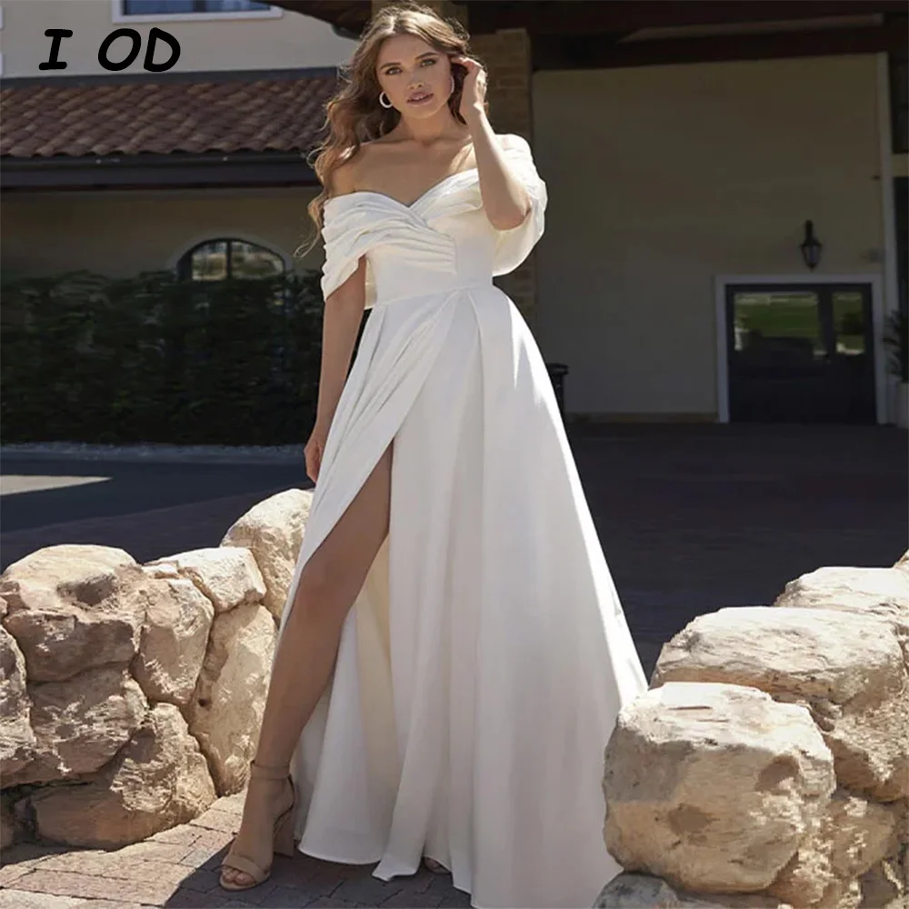 

I OD Simple A-Line Satin Wedding Dress Sexy High Split Off The Shoulder Pleated Lace Up Bridal Gown Court Train Robe De Mariee