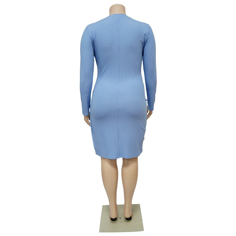 Fashion Solid O-Neck Plus Size Long Sleeve Princess Dress Lady Elegant Pit Strip Bandage Bag Hip High Elasticity Irregular Skirt