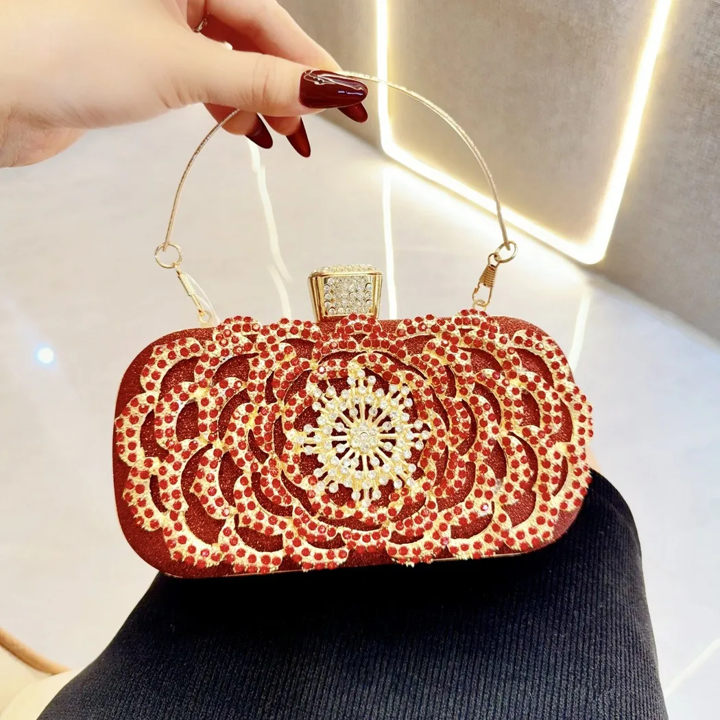 

Fashion Luxury Diamond Evening Bag Crystal Flower Small Clutches Metal Handle Handbag For Women Party Clutch Chain Shoulder Bag