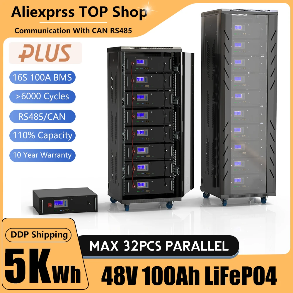 48V 100Ah 5KW LiFePO4 Battery Pack＞6000 Cycles CAN RS485 16S 100A BMS Max 32 Parallel Grade A Cells -10 Year Warranty-No Tax