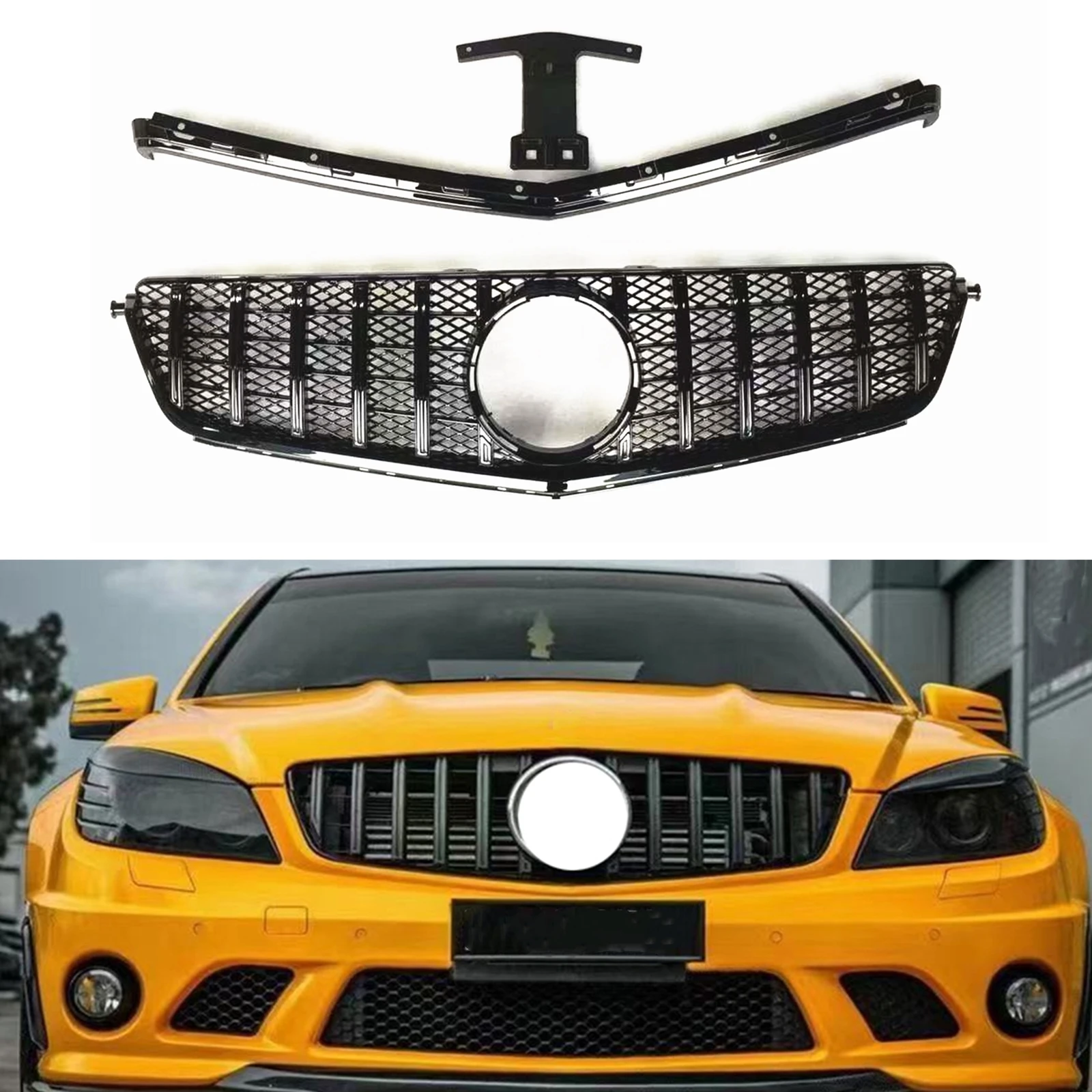 

Car Front Grille Grill Upper Bumper Hood Grid With Frame Bracket Auto Part For Mercedes-Benz C63 AMG 2008-2011 GT
