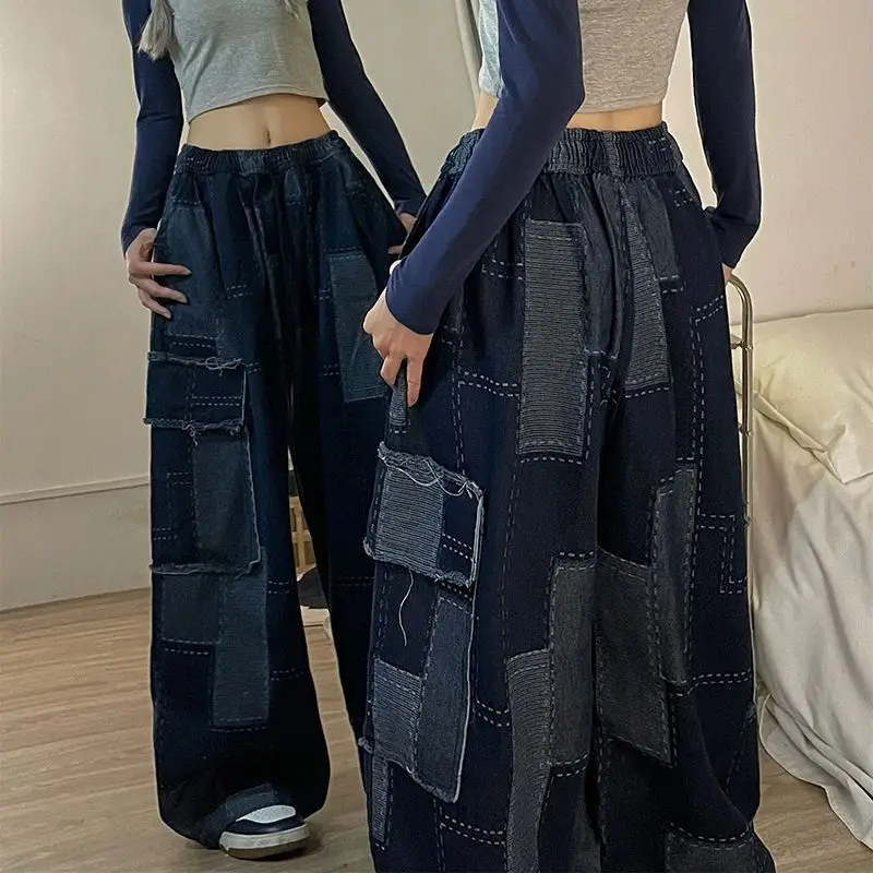 Grunge Hot Girl Vintage Big Pocket Oversized Baggy Cargo Jeans Femme  Elastic Waist Straight Wide Leg Pants Denim Trousers Women