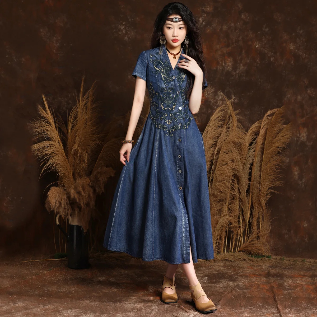 

Embroidery V-neck Single-breasted Short Sleeve Summer Vintage Denim Dress Maxi Party Dresses High-end Luxury Designer Clothing