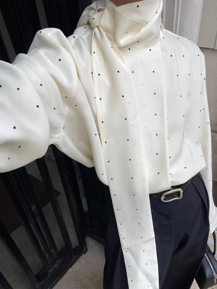 Satin Scarf Neck Polka Dot Printing Women Blouse Fashion Full Sleeve Loose Basic Shirt Lady Autumn New Highstreet Commute Wear