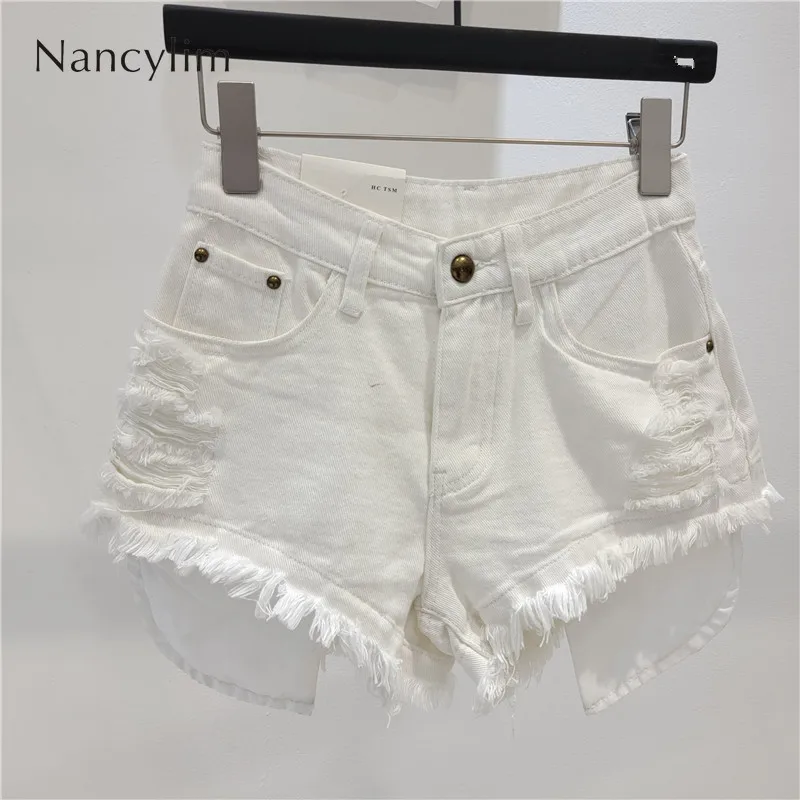 American Hot Girl Style Street Ripped Denim Shorts Female 2024 Summer High Waist Sexy Tassel Frayed Edge Hot Pants for Women
