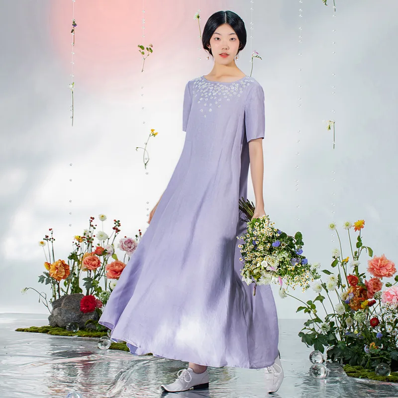 

A Life On The Left Women Dress with Belt Short Sleeve Round Neck Loose Retro Embroidery Linen Pink Purple Mid-length Skirt