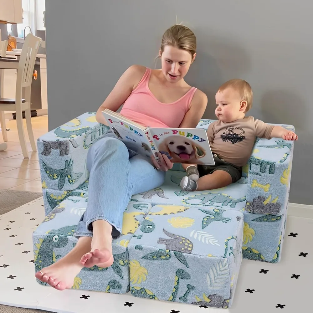 Modular Kids Sofa,Toddler Play Couch Fold Out for Playroom, Dinosaur Glow in Dark Convertible Plush Foam Chair 2