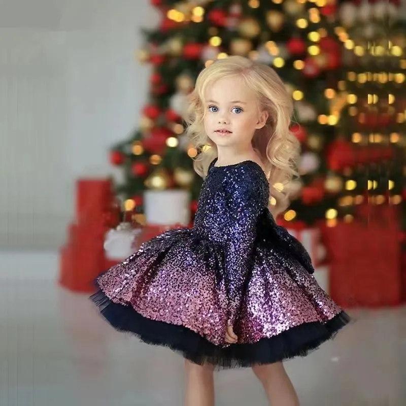 

Luxury Child Girl Wedding Dress Bow Navy Party Dresses Sequined Tiered Sequins Sleeves Puffy Flower Girl Dresses For Weddings