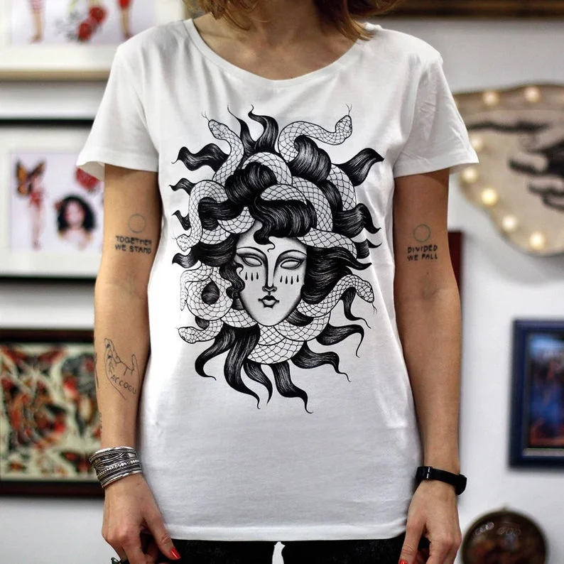

Cool Fashion Medusa Snake Shirt, Greek Mythology T SHIRT, Tattoo Tshirt, Serpent Haired Monster T SHIRT Steampunk Clothing